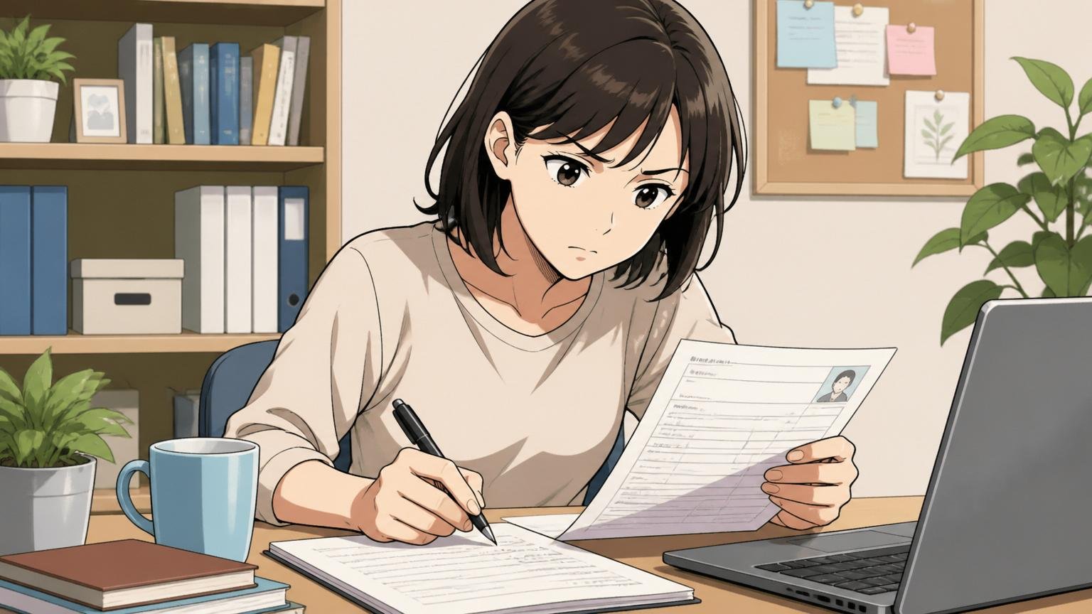 志望動機を書き直して見直す転職活動中の女性。自宅のデスクで履歴書とノートPCを前に真剣な表情