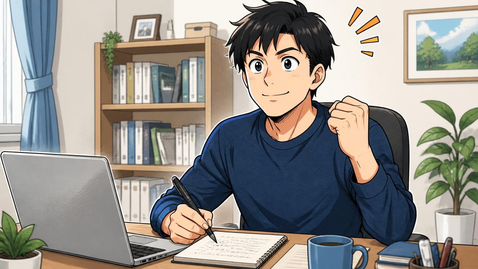 自宅のデスクで面接の振り返りメモを書きながら前を向く求職者、在宅勤務の20代男性が手応えを感じる表情