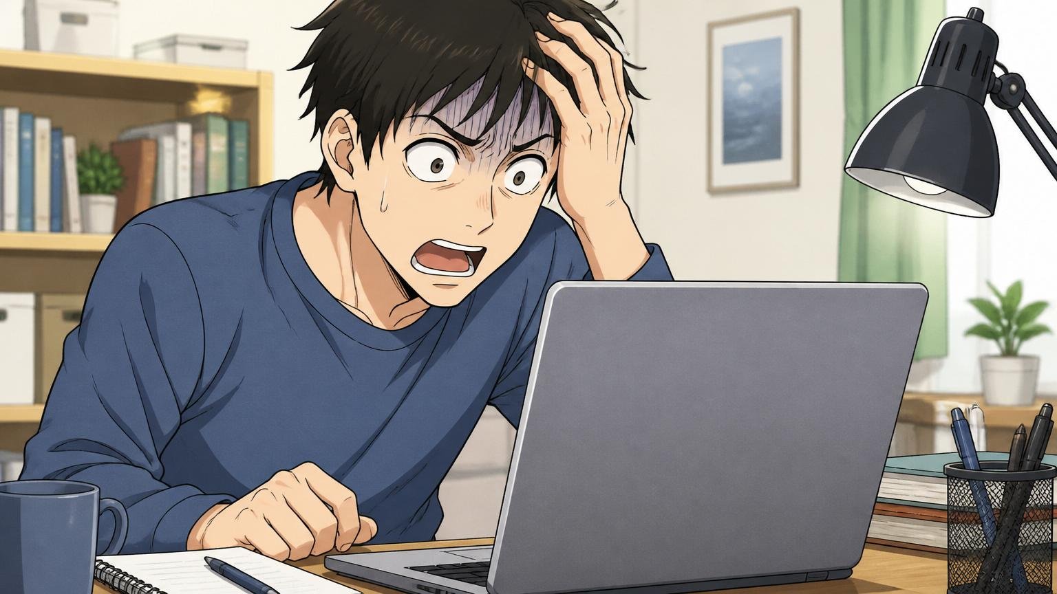 自宅のデスクでパソコンに向かい不採用理由を確かめようとする20代男性