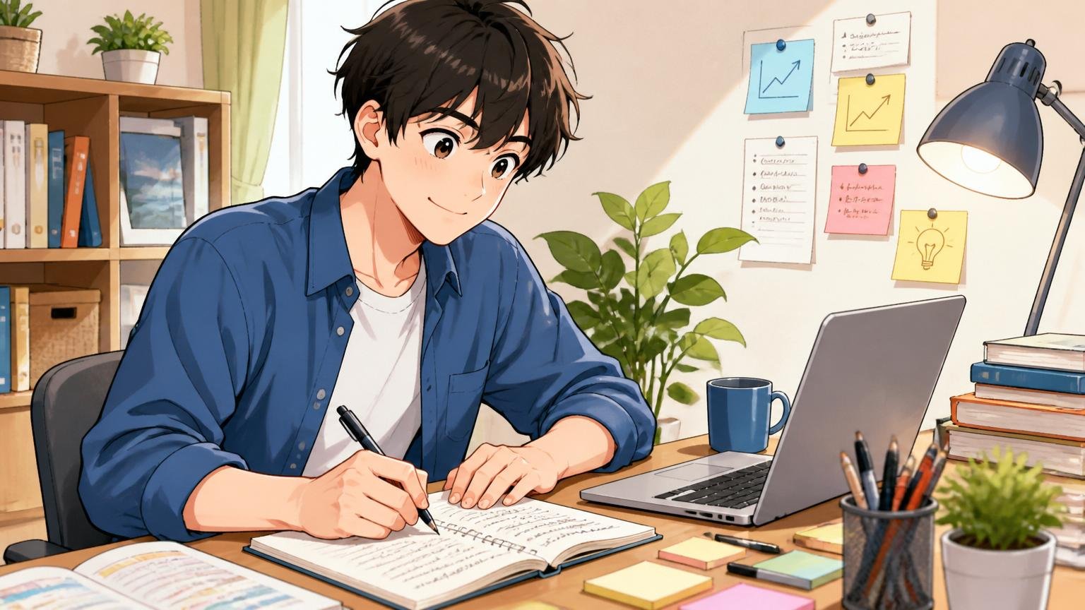 面接の振り返りメモを書きながら次の準備を始める、自宅のデスクでノートに向かう前向きな表情の20代の様子