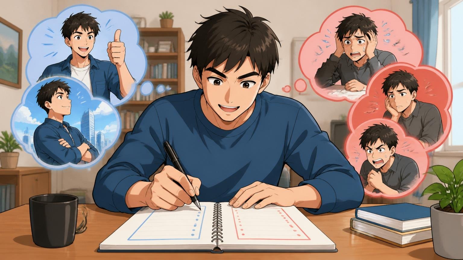 再挑戦が向いている人と直すべきこと。自宅のデスクで30代男性が前向きにノートに書き出す場面