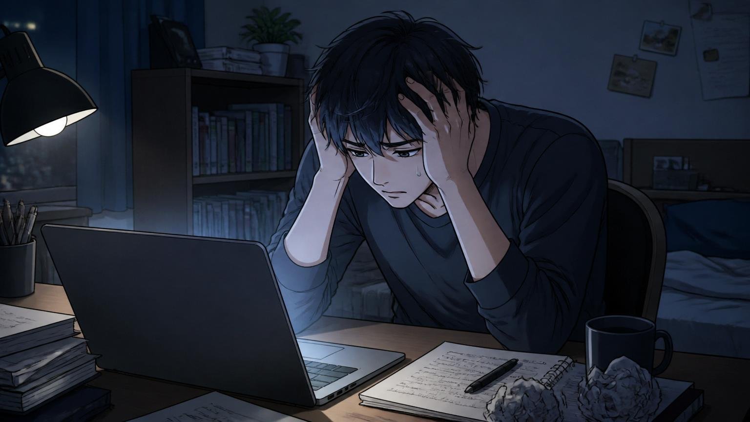 夜の自室の机でひとり頭を抱え込む20代男性、ノートパソコンの明かりだけが照らす部屋で深く考え込む沈んだ表情