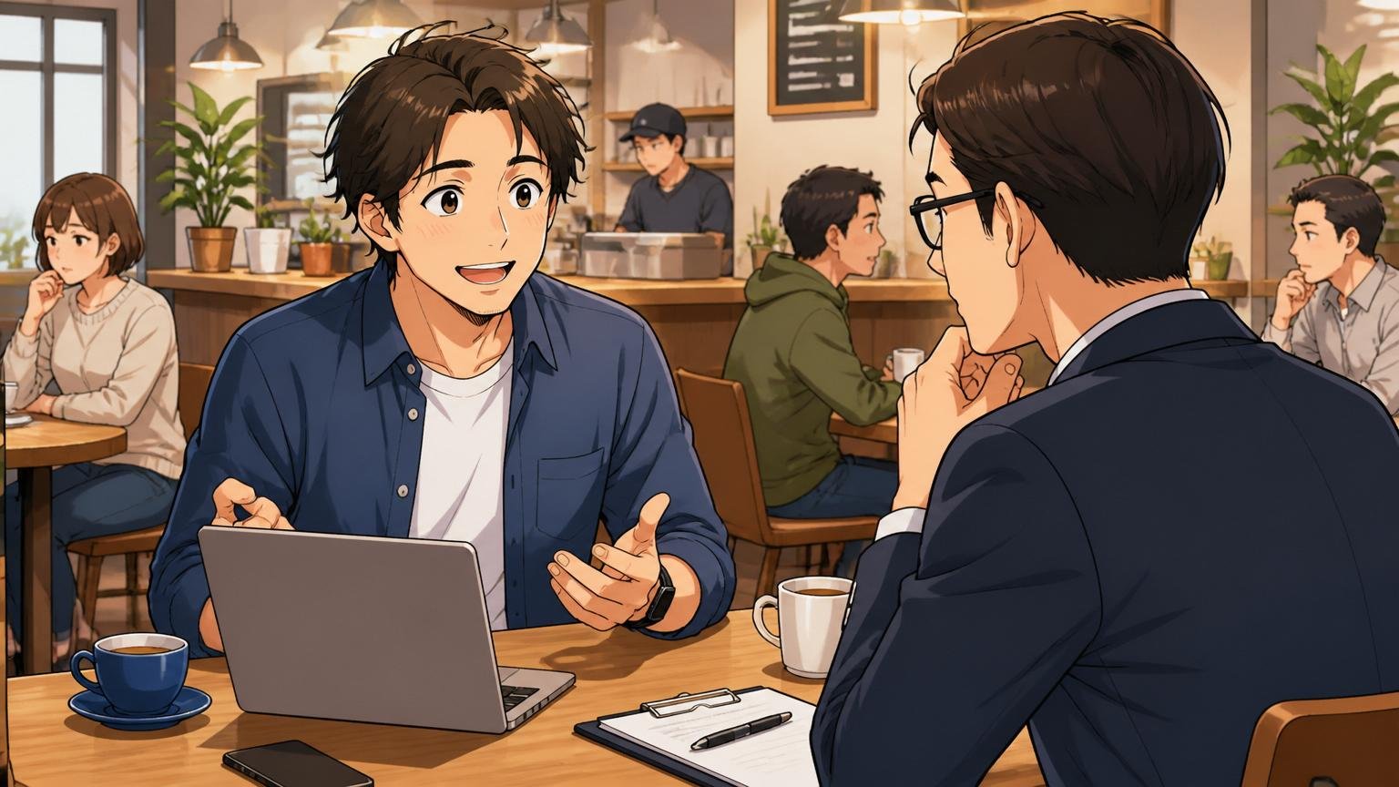 IT特化型エージェントに相談。カフェでキャリアアドバイザーと向き合って相談する30代エンジニア、安心の表情