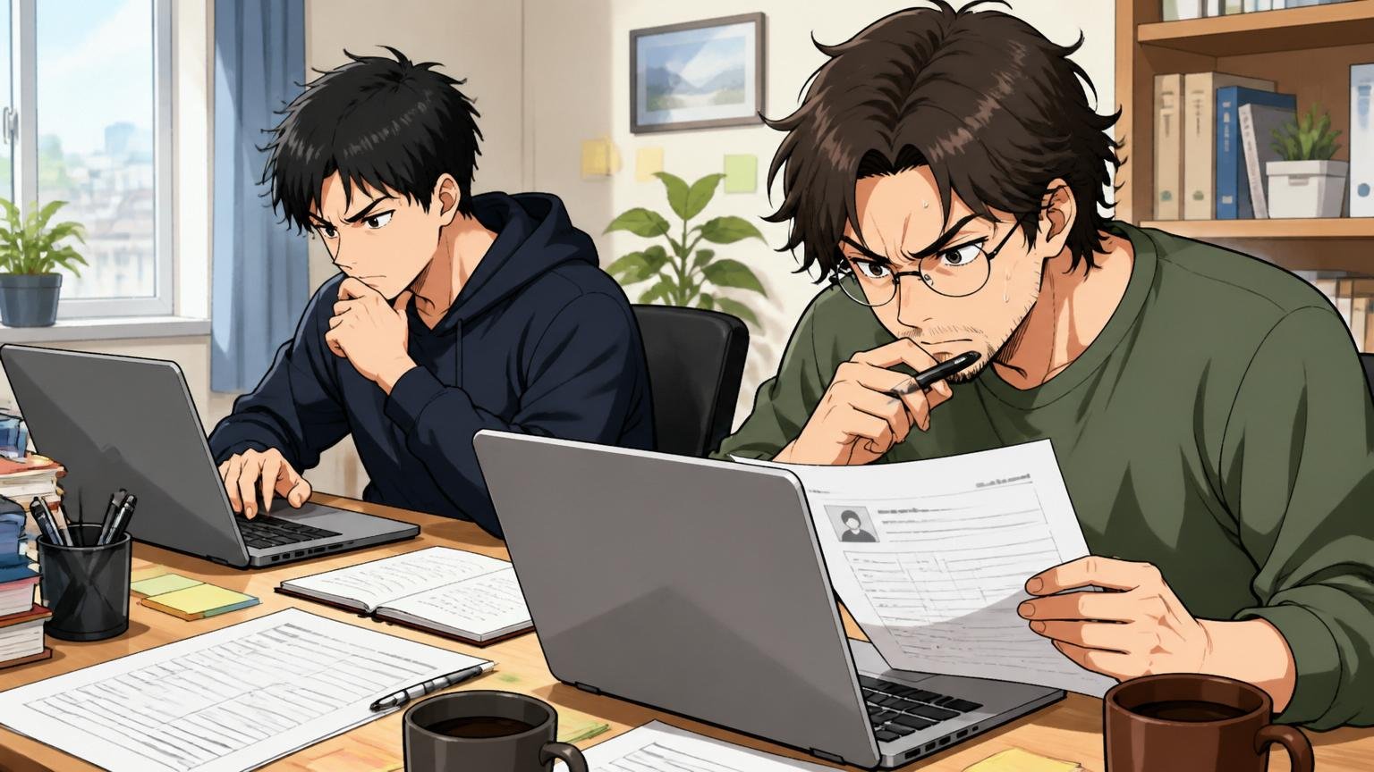職務経歴書の書き直し。自宅デスクで経歴書を書くエンジニア2人、集中する表情