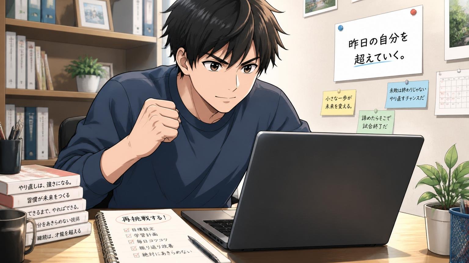 再挑戦という選択肢を、自宅デスクで20代男性が決意の表情でPCに向かう場面
