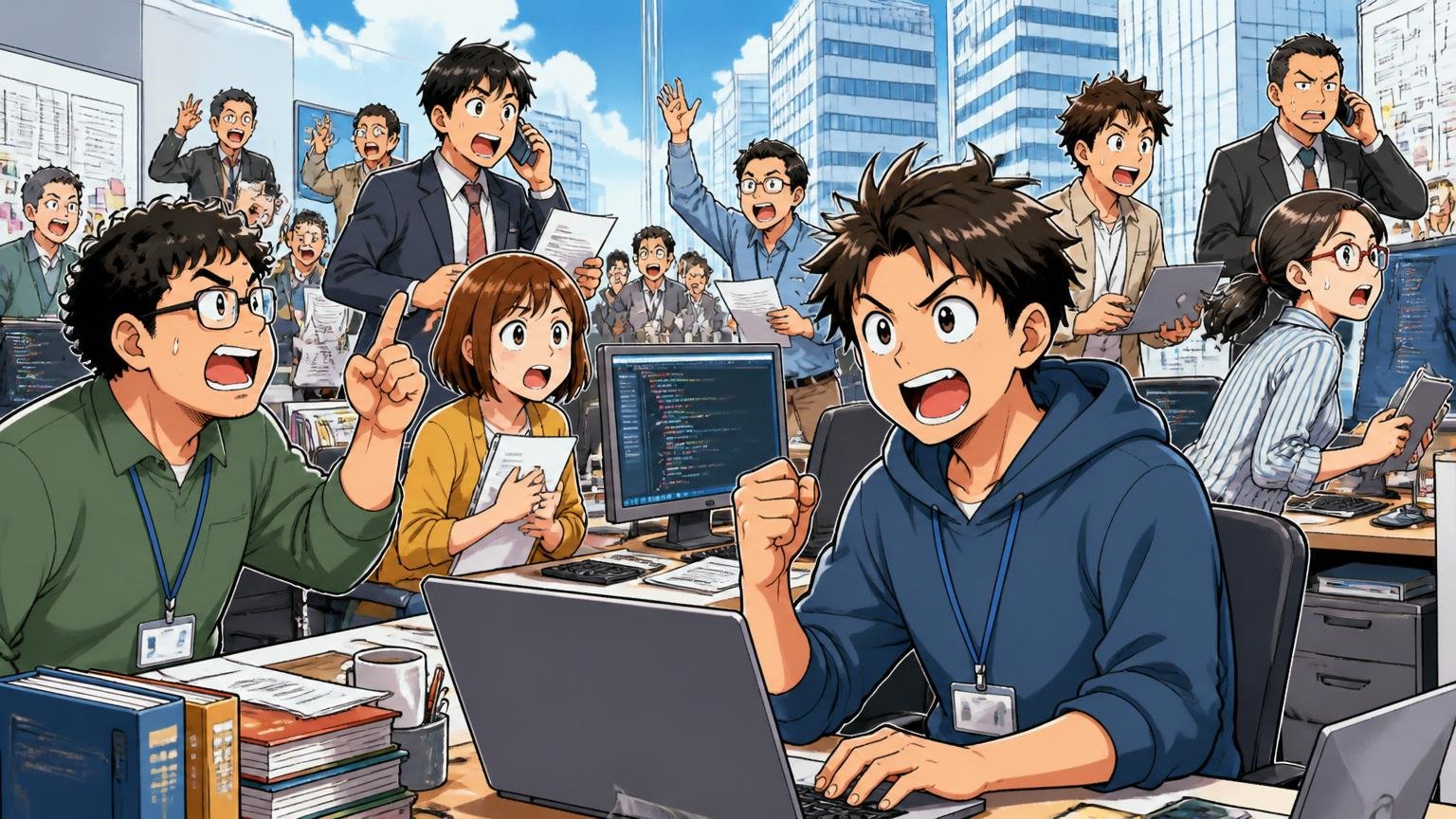 エンジニアの市場は構造的な人材不足が続いている。多くの企業がエンジニアを求めるオフィス街、複数人、活気ある雰囲気