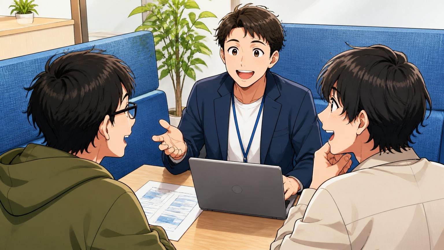 IT特化エージェントに無料相談｜面談ブースでアドバイザーと笑顔で話すエンジニア2人