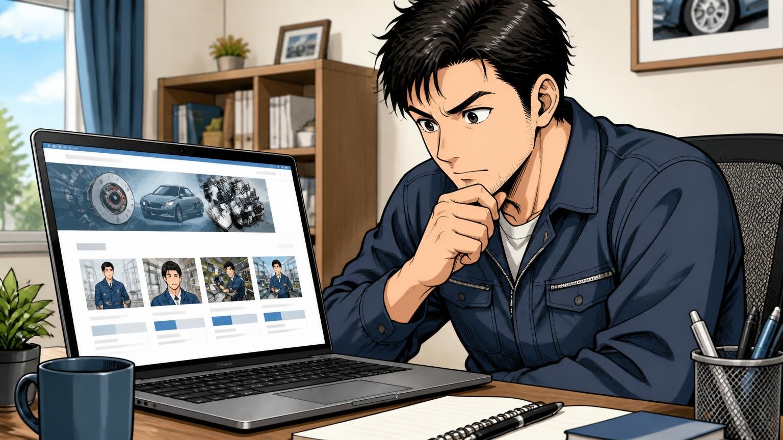 自動車部品メーカーの採用サイトを見ながら募集職種を吟味する30代男性エンジニア、自宅のデスク