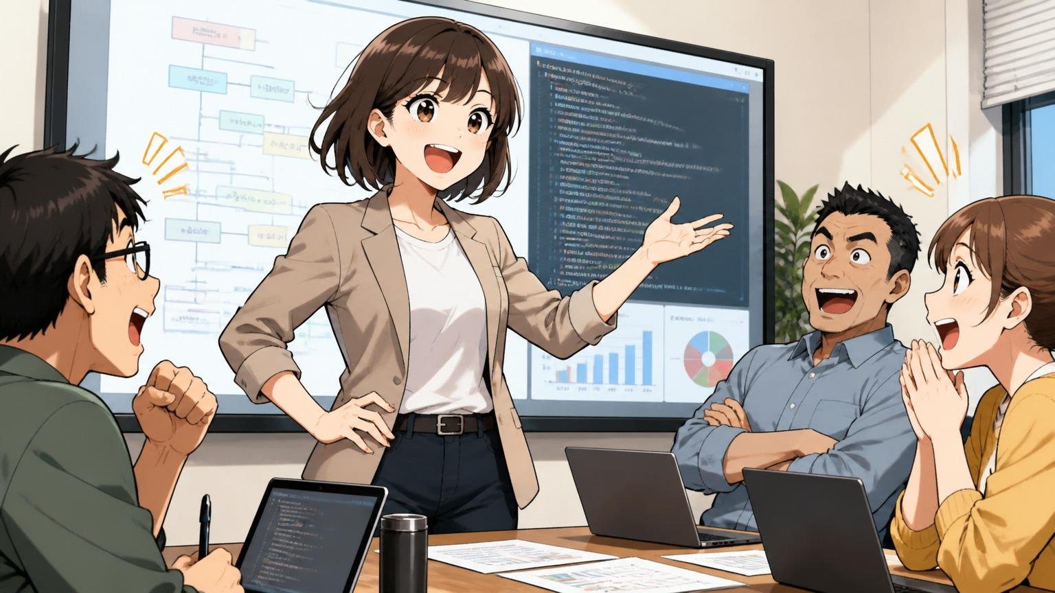 通過者は強みと成功体験を具体的に語れた。面接の会議室で自信に満ちた表情で堂々と話す女性エンジニア
