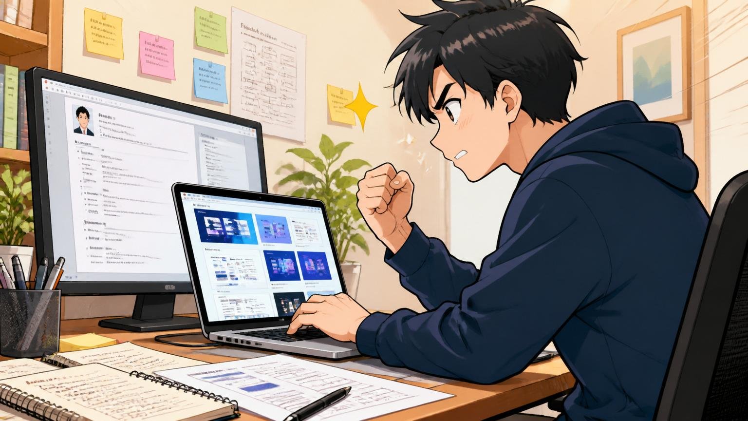 自宅のデスクで職務経歴書とポートフォリオを作り直し再挑戦に燃えるエンジニアの横顔