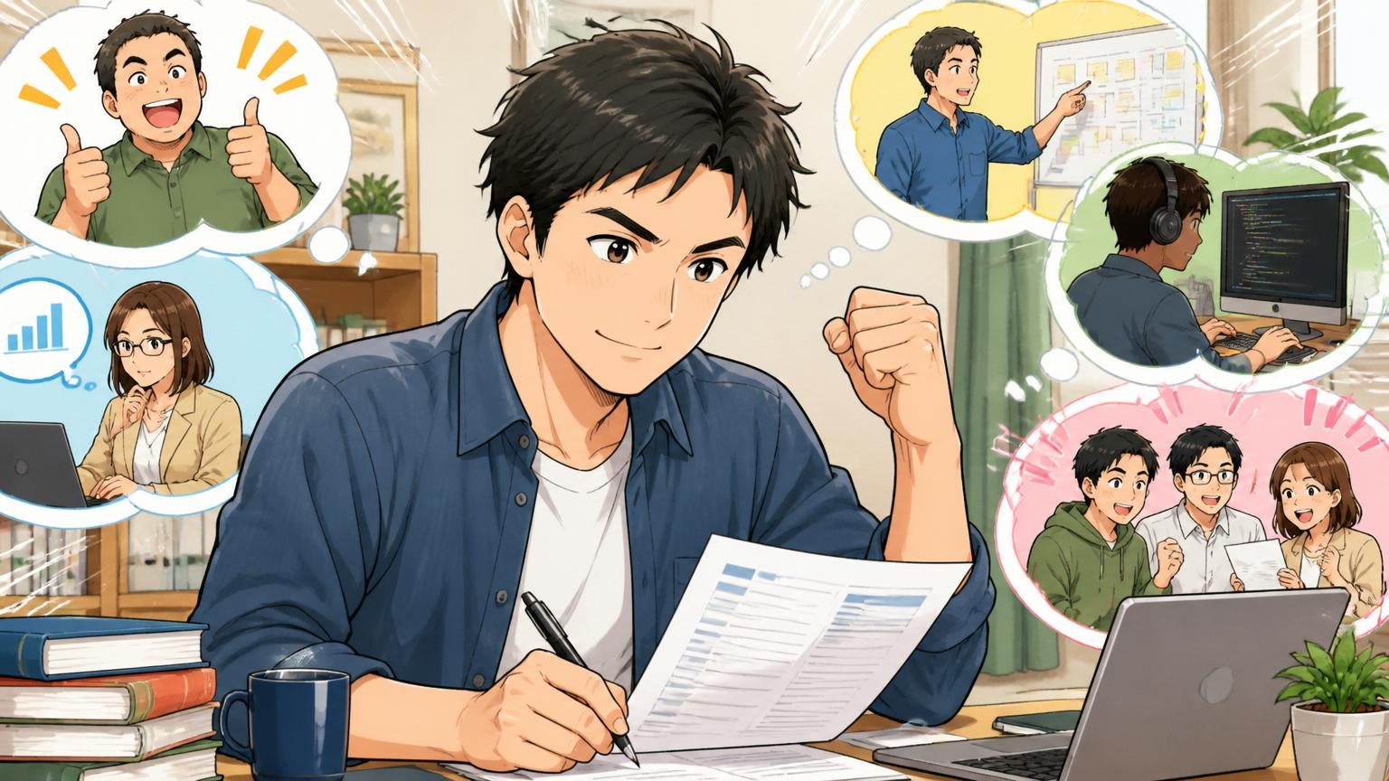再挑戦が向いている人と準備すべきこと。自宅のデスクで職務経歴書を書き直す30代男性エンジニアが前向きな表情
