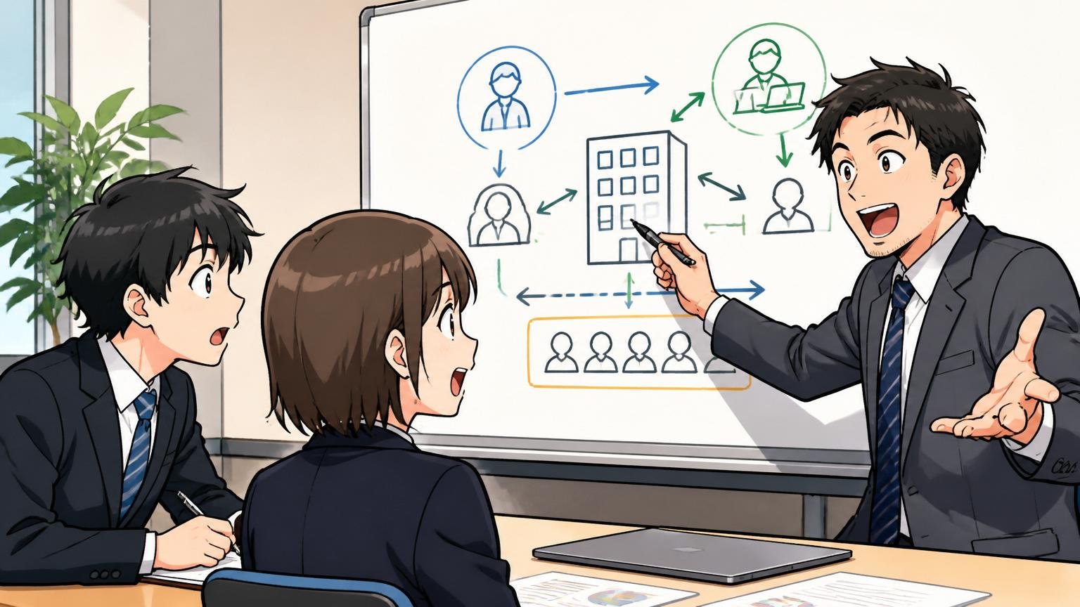 客先常駐の仕組みを学ぶ若手｜SIerの会議室でメンターが図を使って常駐の働き方を説明する