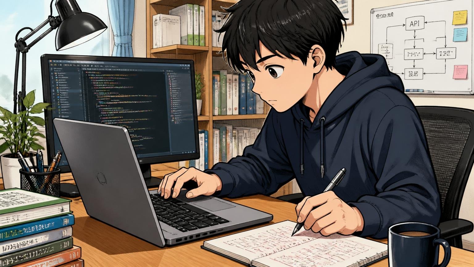 自走できる人向け。自宅のデスクで黙々と独学し、画面に集中して取り組むエンジニア1人