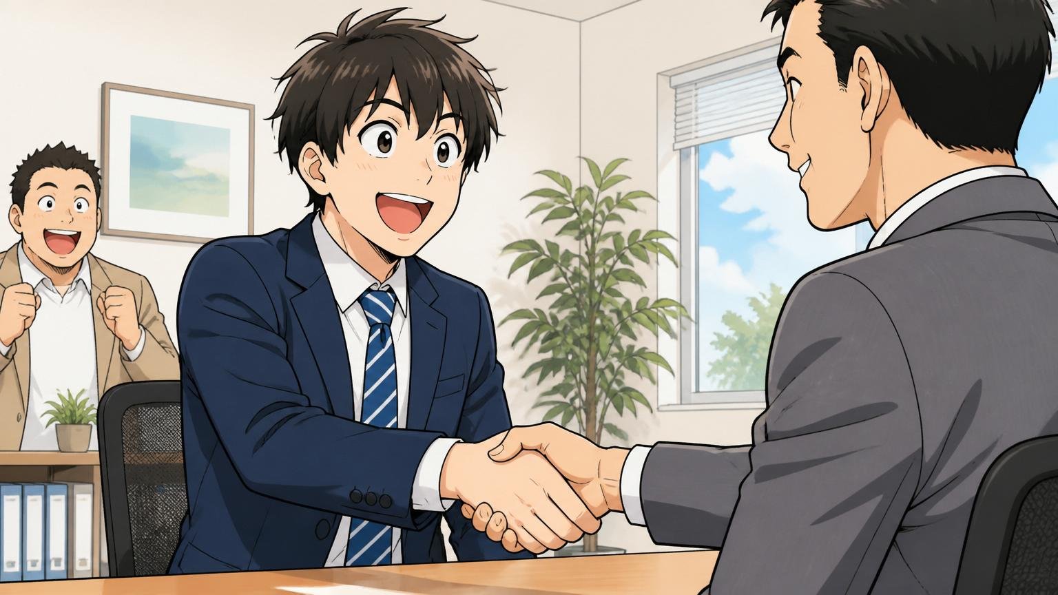 企業の面談スペースで未経験から挑戦したい求職者が前向きな表情で担当者と握手している様子