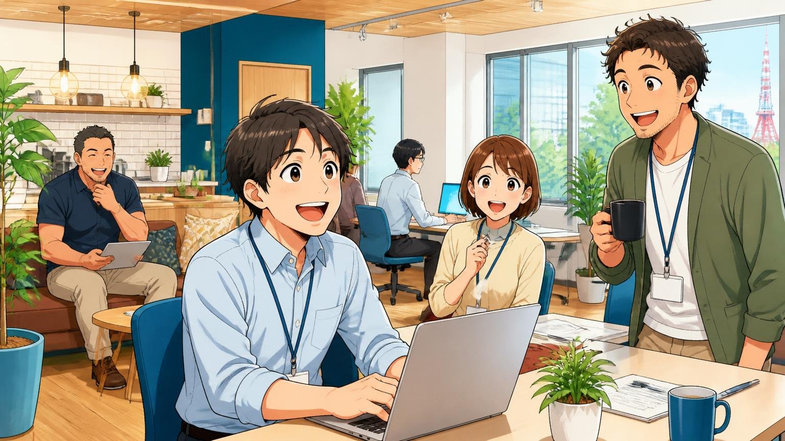 福利厚生の充実を表す、リノベーションされた札幌のきれいなオフィスで笑顔で働く社員たち