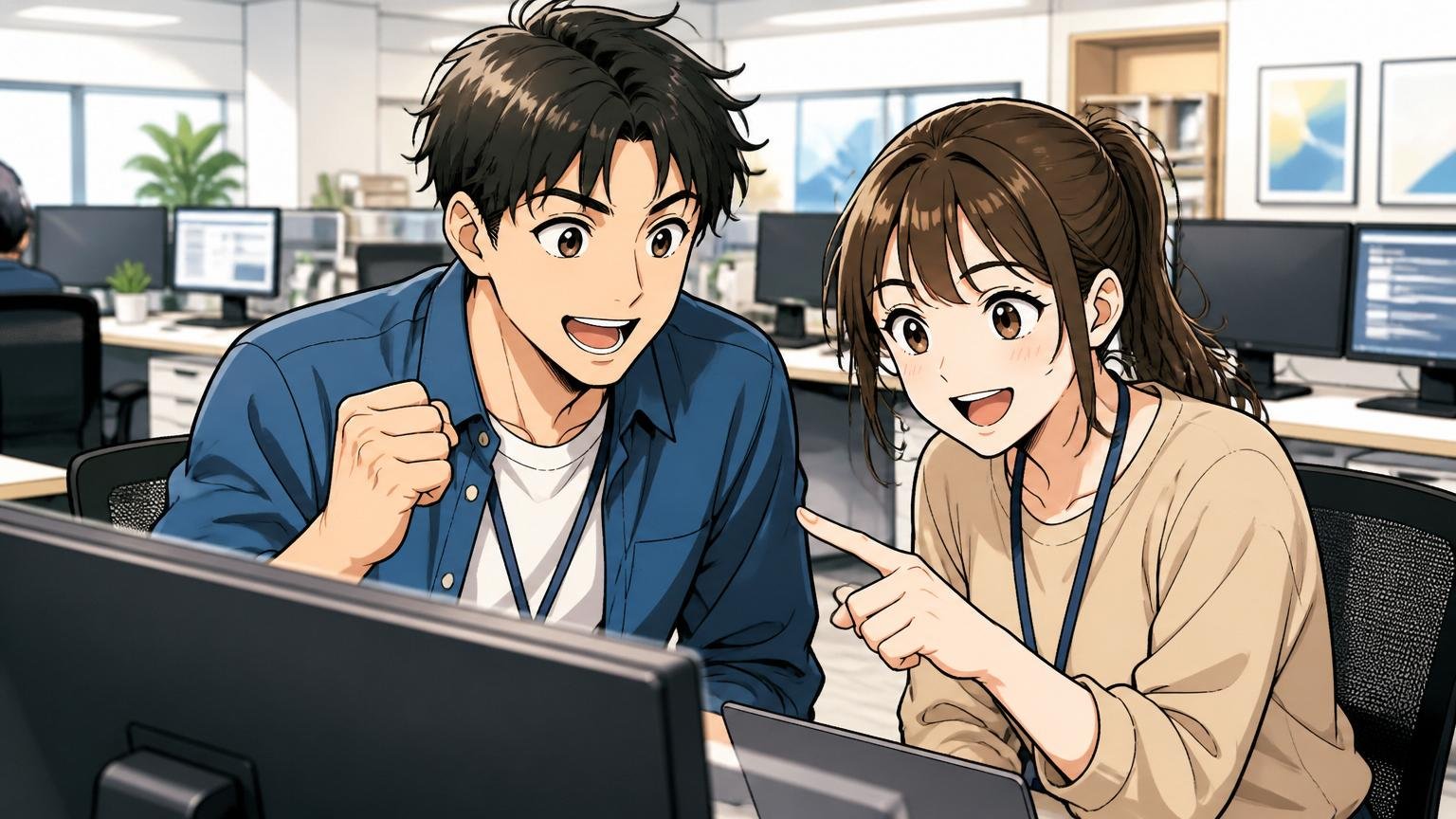 Gizumoが向いている人、IT企業のオフィスで意欲的に学ぶ20代男女2人が前向きな表情でモニターを見る
