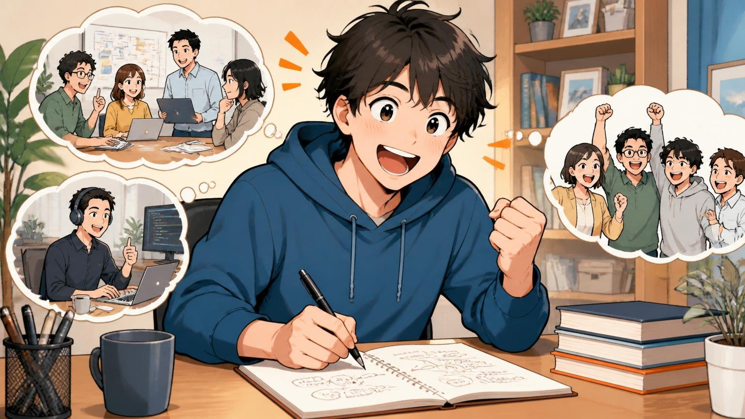 自分に合う会社を見つけて前向きになるエンジニア、自宅のデスクで一人がノートに書き出して納得した笑顔
