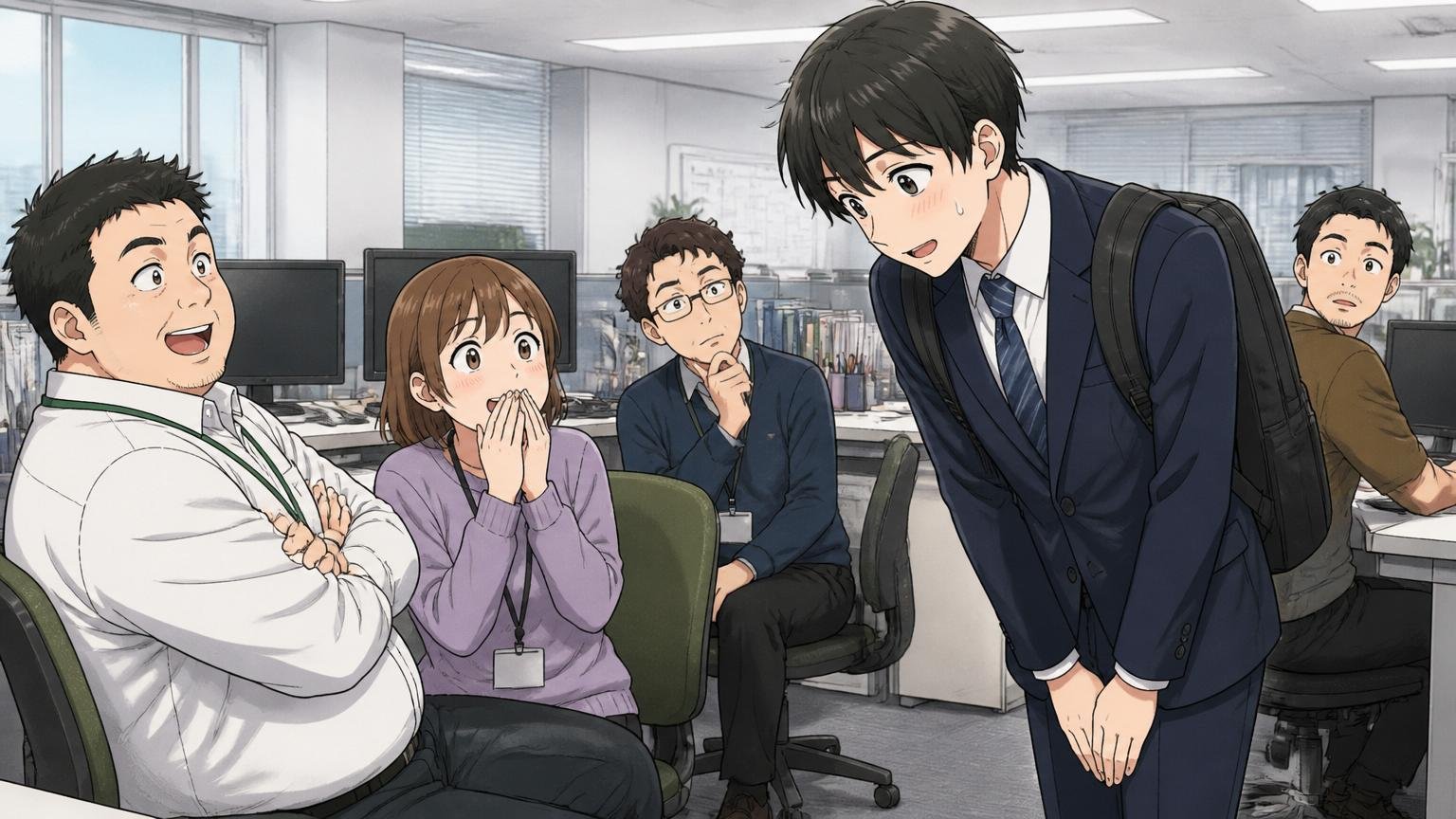 配属先ガチャは本当か。客先常駐先のオフィスでエンジニアが緊張の面持ちで初出社しあいさつする
