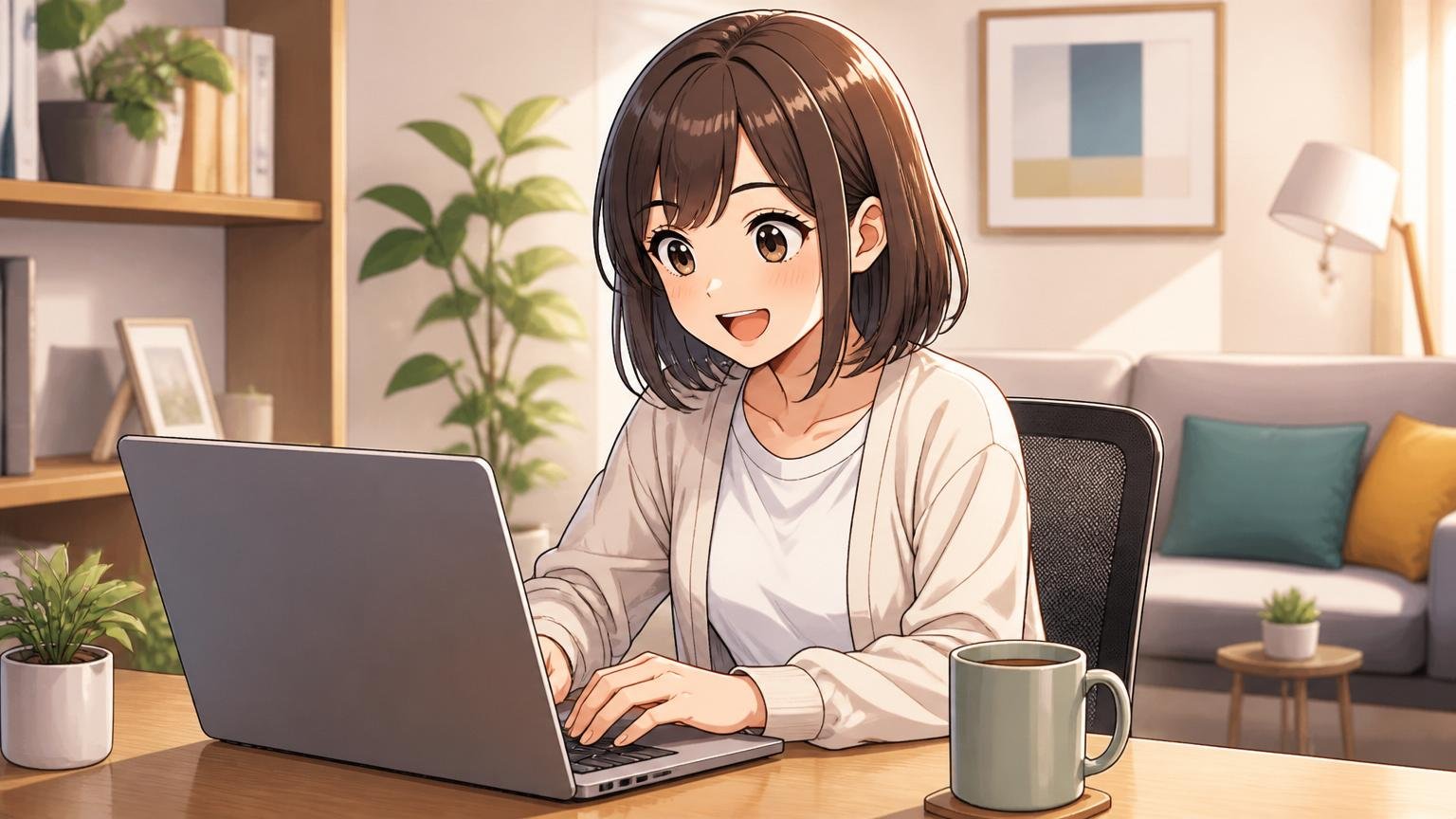自宅のリビングデスクで快適にリモートワークをする30代女性エンジニア、傍らにマグカップ、夕方の柔らかい光。