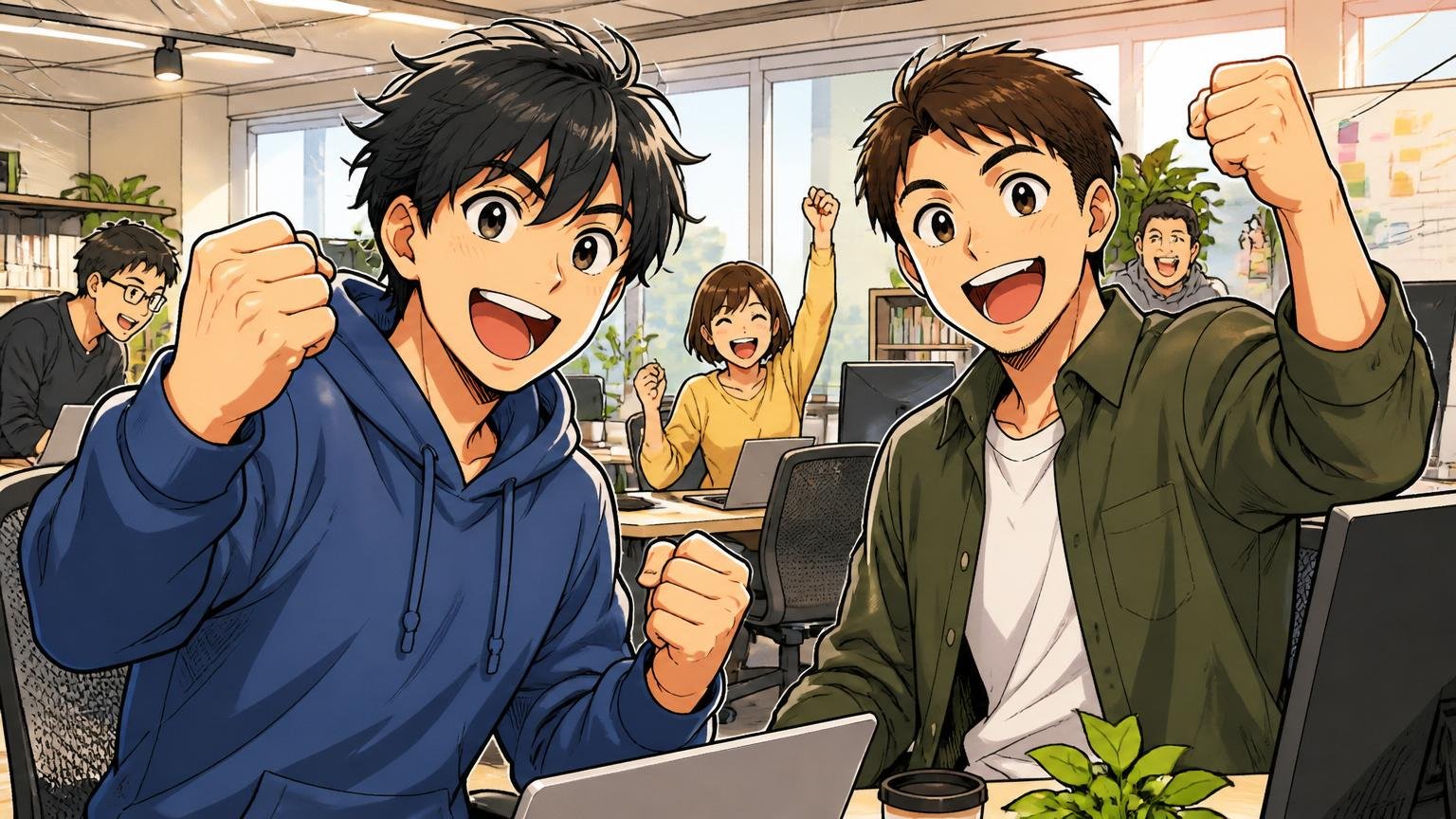 JIG-SAWが向いている人 Web系スタートアップのオフィスで若手エンジニアが2人ガッツポーズで前向きな表情
