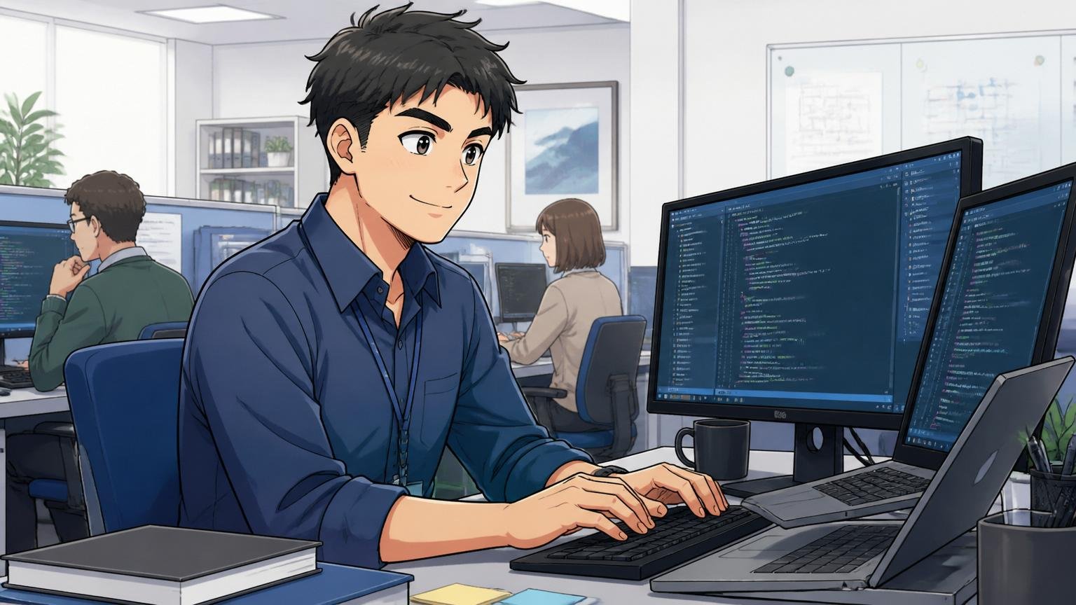 NCDが向いている人。落ち着いた雰囲気のSIerオフィスで男性エンジニアがどっしり腰を据えて作業し、満足げに微笑んでいる
