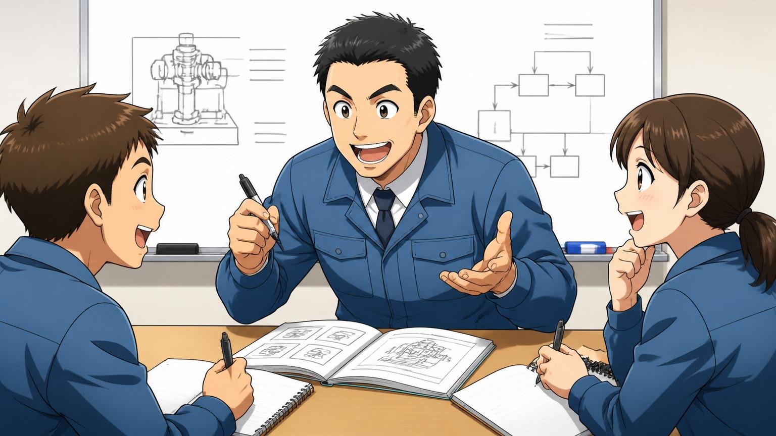 教育・研修体制が手厚い、研修ルームで講師1人が新人2人に笑顔で指導する場面