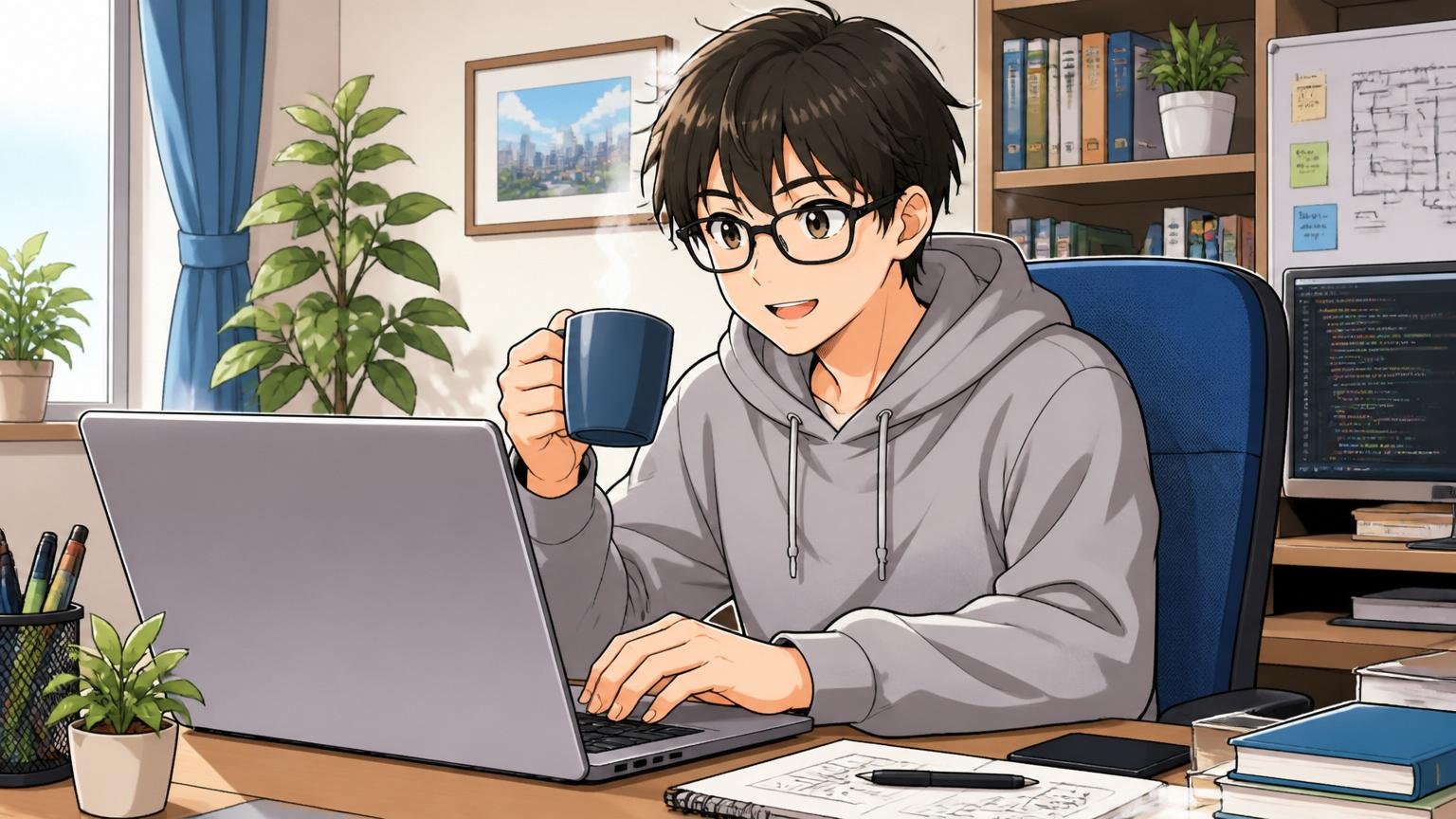 自宅のデスクで在宅勤務をしながら、リラックスした表情でコーヒー片手にノートパソコンに向かうエンジニア
