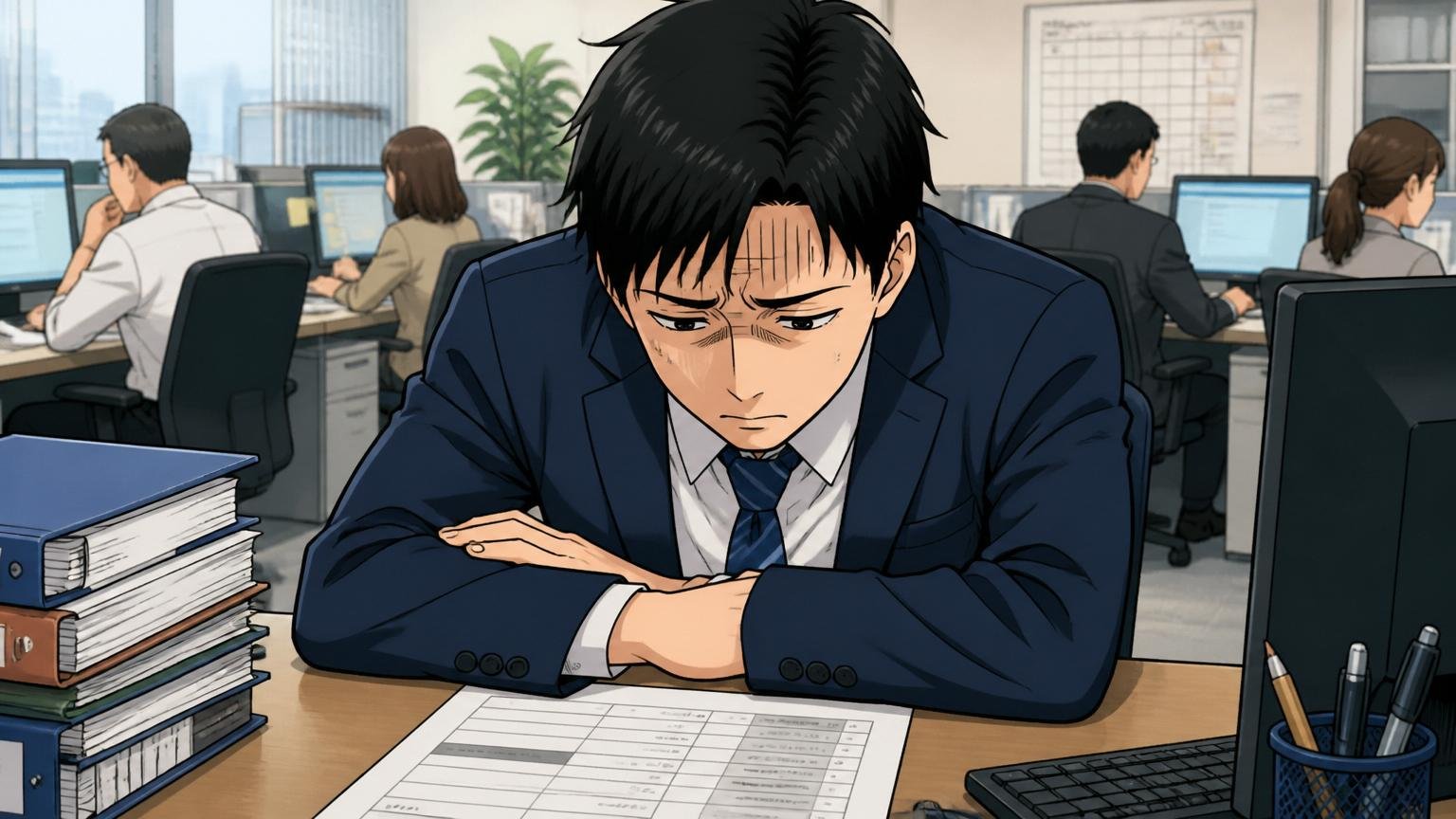 人事評価への不満、企業のオフィスのデスクで評価シートを前に肩を落としてうつむく30代男性社員