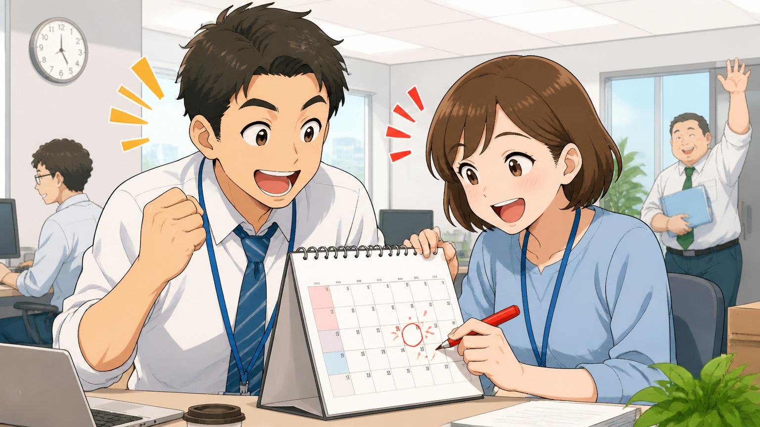 残業が少なく有給が取りやすい。NTTグループのオフィスで定時退社しカレンダーに有給予定を書き込む社員2人が笑顔