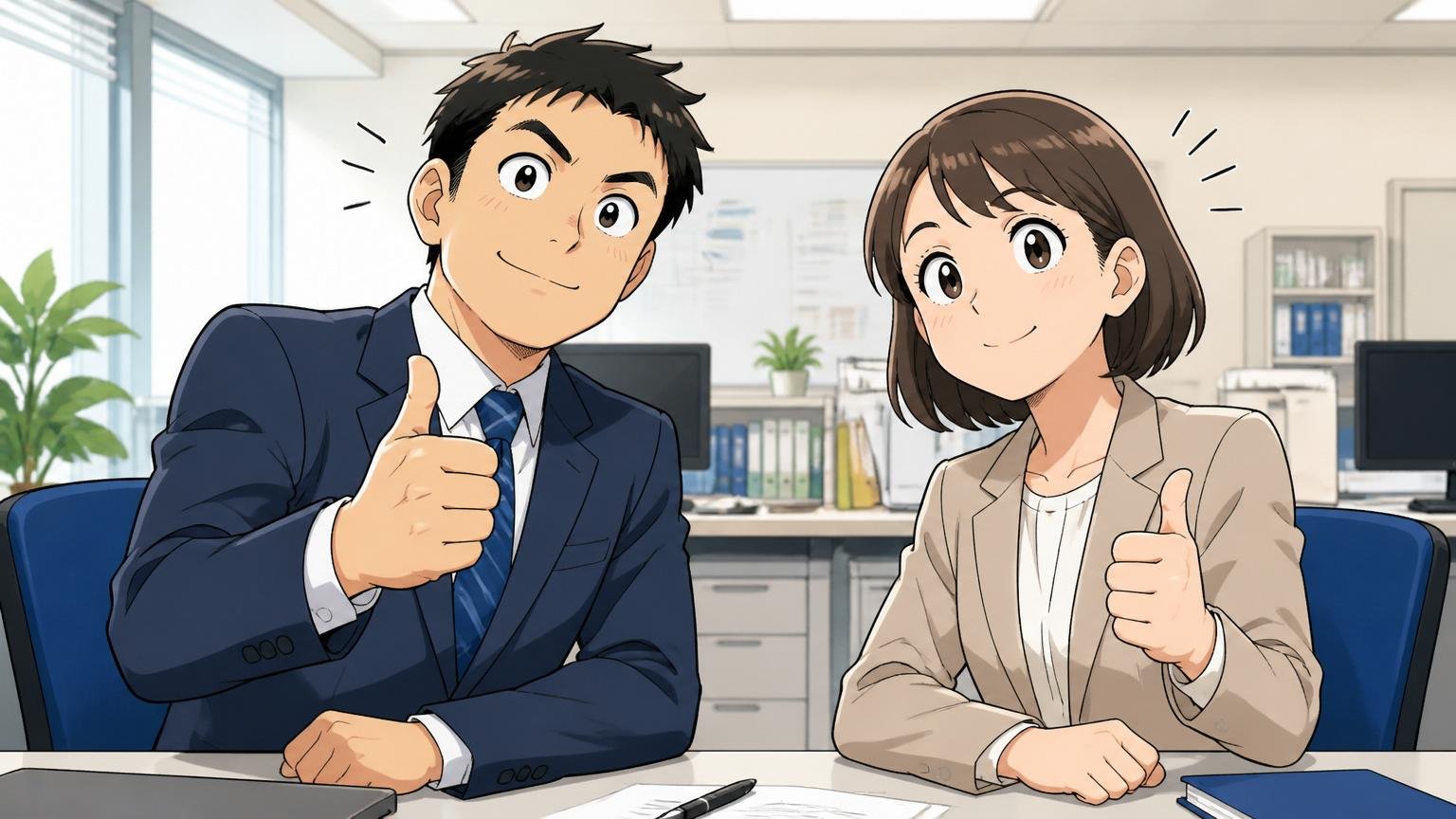 OKIソフトウェアが向いている人｜オフィスで安心した表情でうなずく男女の社員2人