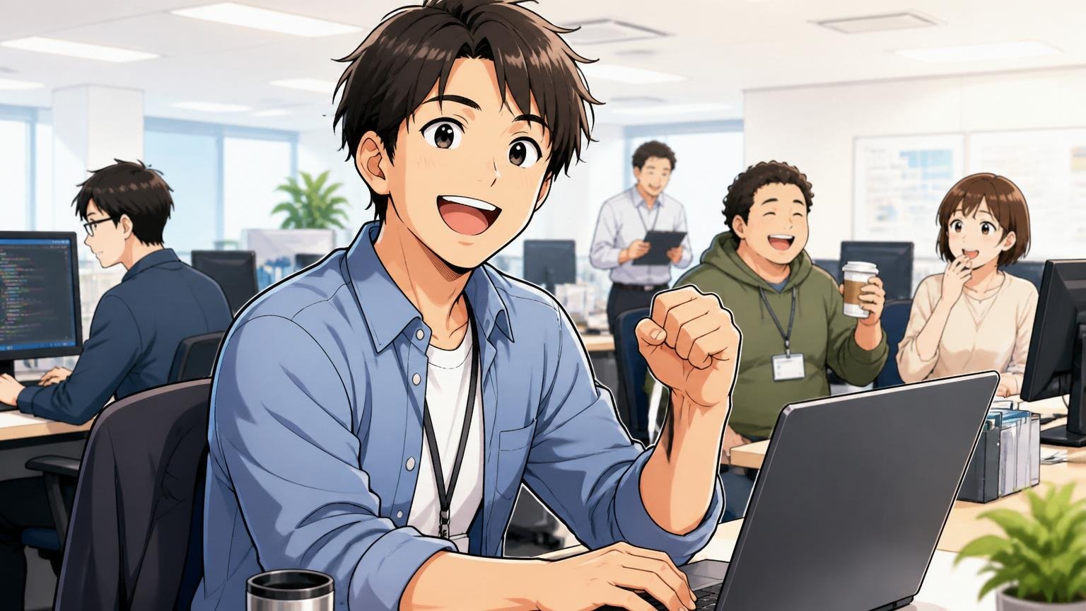 PCIソリューションズに向いている人。SIerのオフィスで安定して働く30代エンジニアが満足そうな笑顔