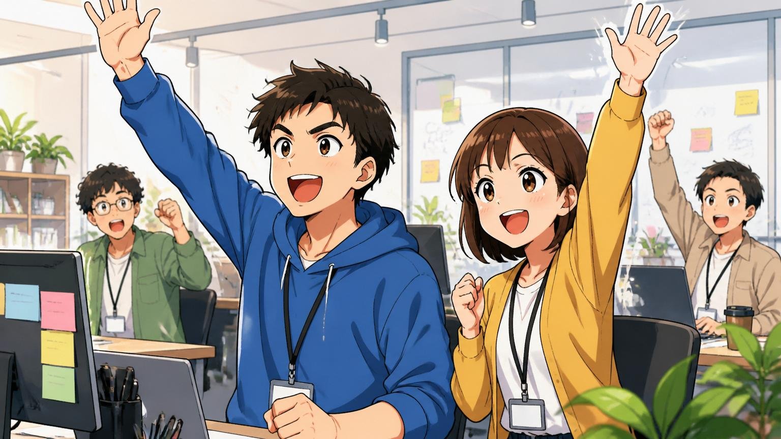 スタートアップのオフィスで自ら手を挙げて新しい仕事に挑戦する意欲的な笑顔の若手エンジニア男女