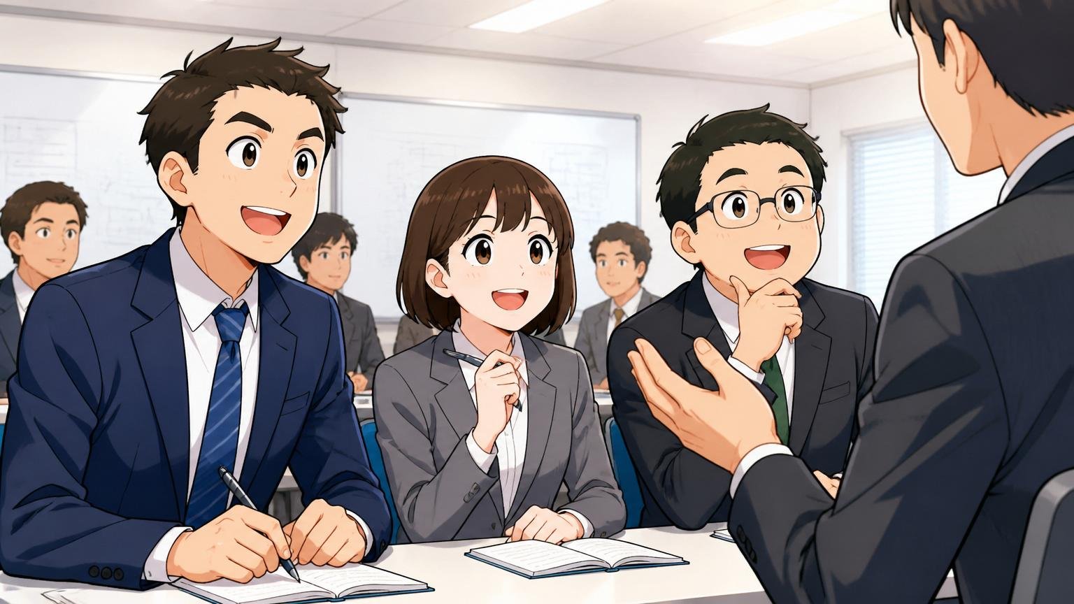 研修で前向きに学ぶ場面。SIerの研修室で講師の説明に笑顔でうなずく若手社員3人の意欲的な様子