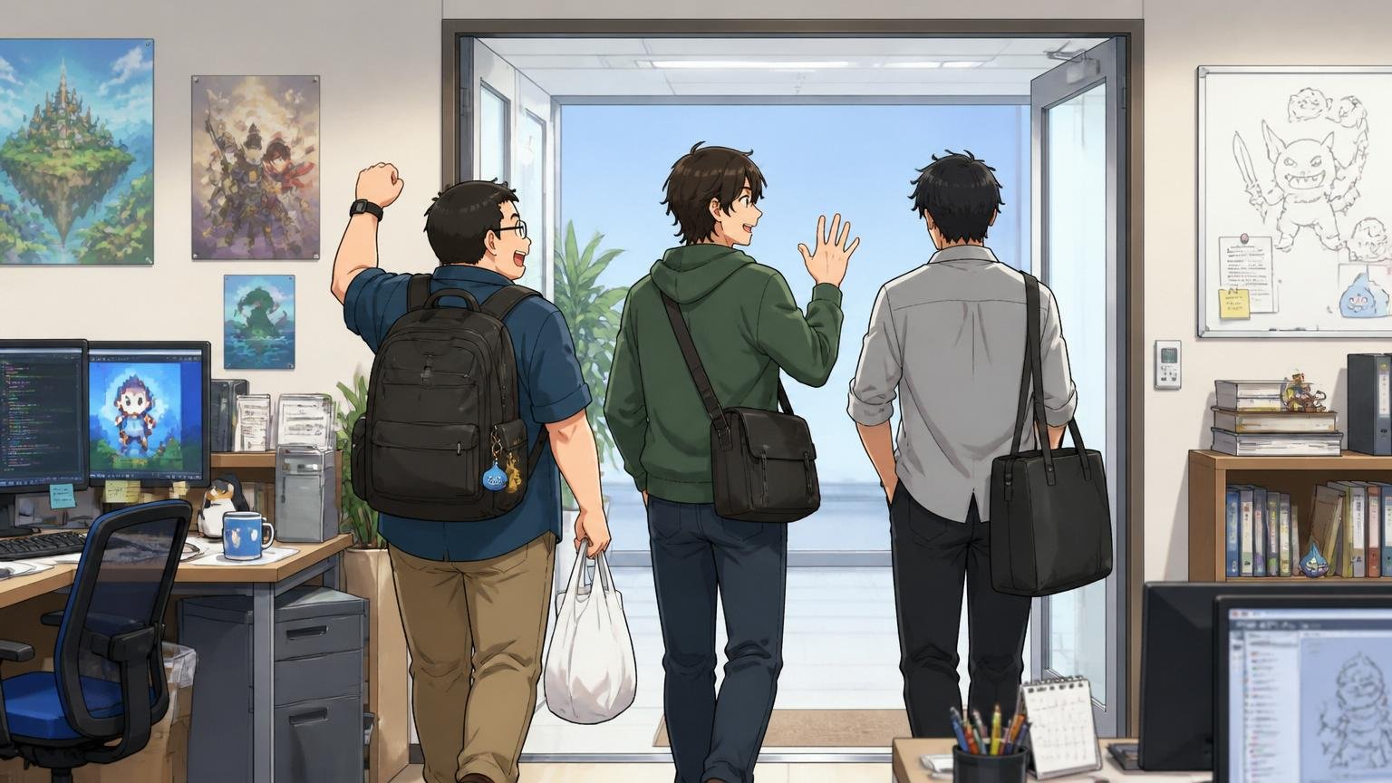残業と有給。中堅ゲーム会社のオフィスで定時に退社する後ろ姿のエンジニア3人