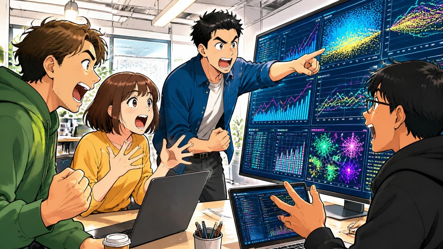 Web系スタートアップのオフィスで4人のエンジニアが大規模データを画面に映し出して興奮した表情で議論