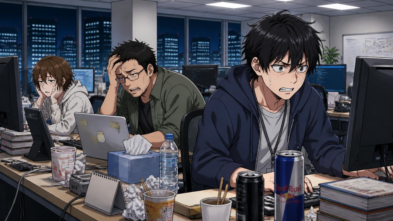 月平均残業40時間前後の働き方を表すWeb系メガベンチャーのオフィスで夜遅くまでモニターに向かうエンジニア3名の様子