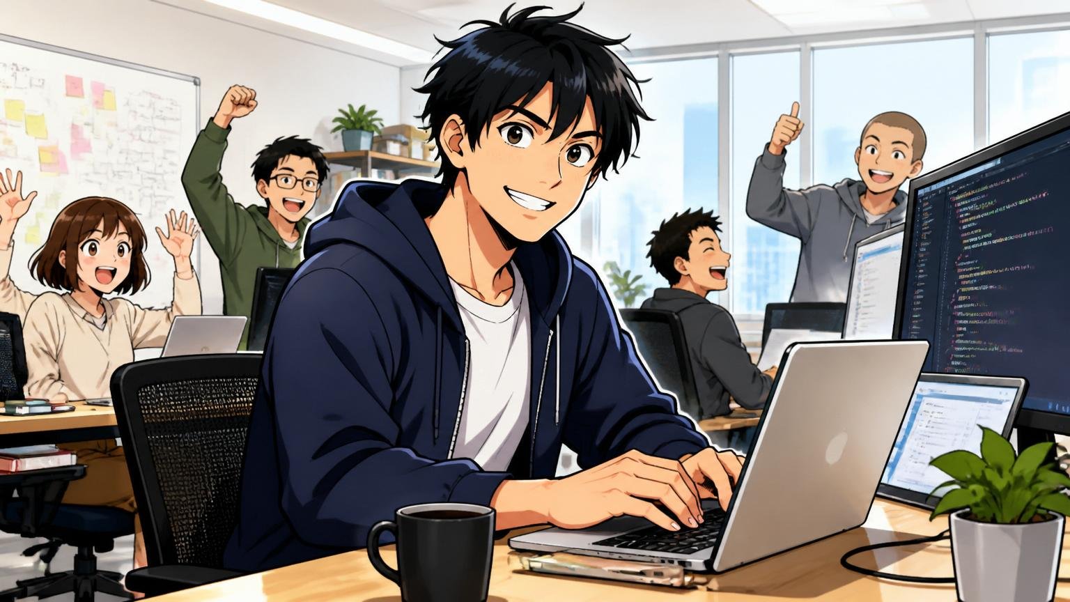 SREホールディングスに向いている人、Web系スタートアップのオフィスで自走するエンジニア、30代男性1人、自信に満ちた笑顔