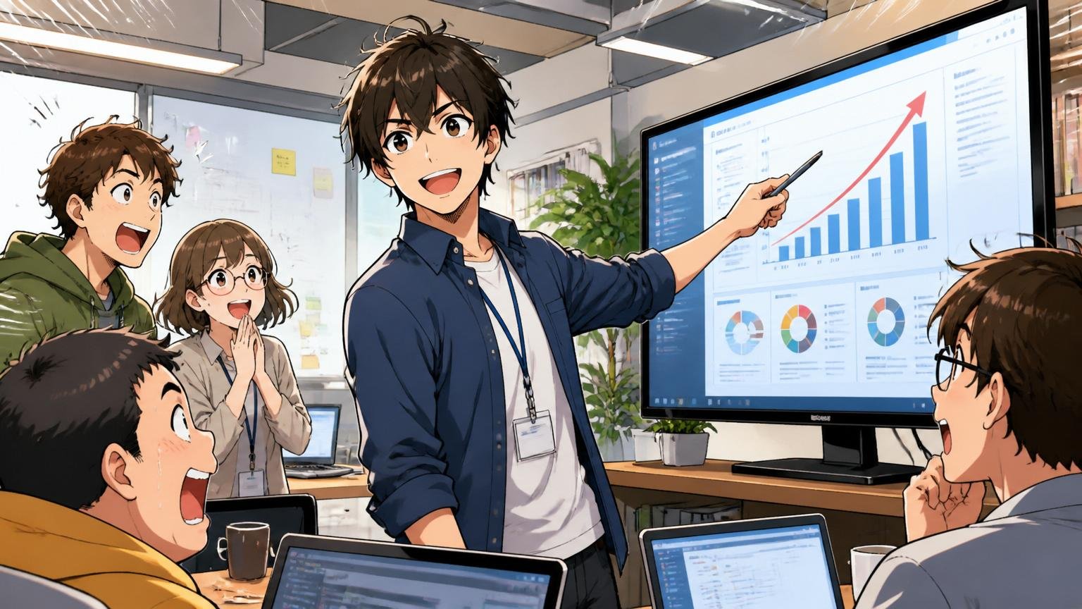 若手でも大型案件を任される圧倒的な裁量。Web系スタートアップのオフィスで20代男性若手エンジニアが、自信に満ちた表情で大型モニター前に立つ