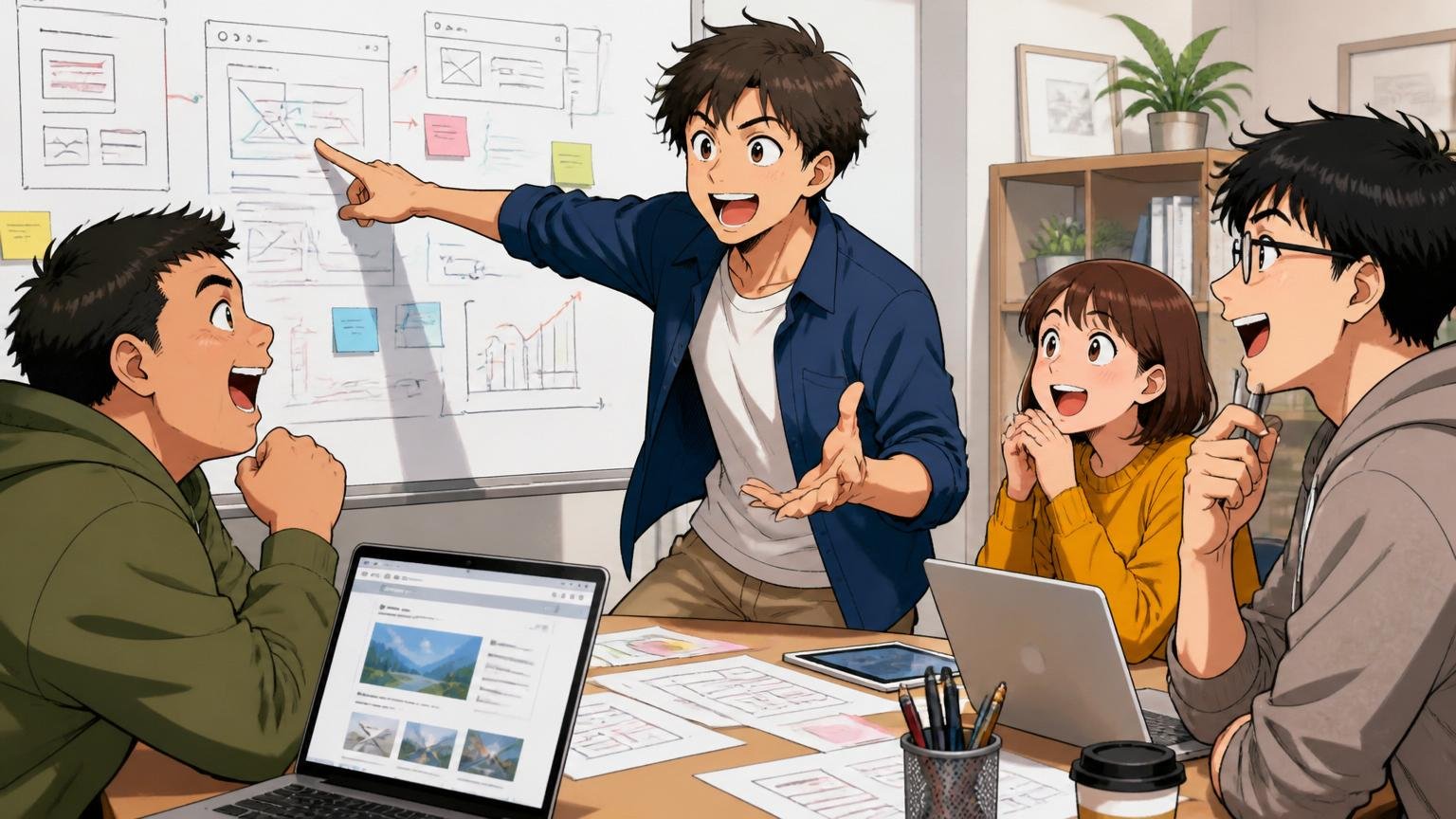 主体的に動ける人には成長機会が多い Web制作会社の打ち合わせスペースで若手社員が活発に企画提案する場面