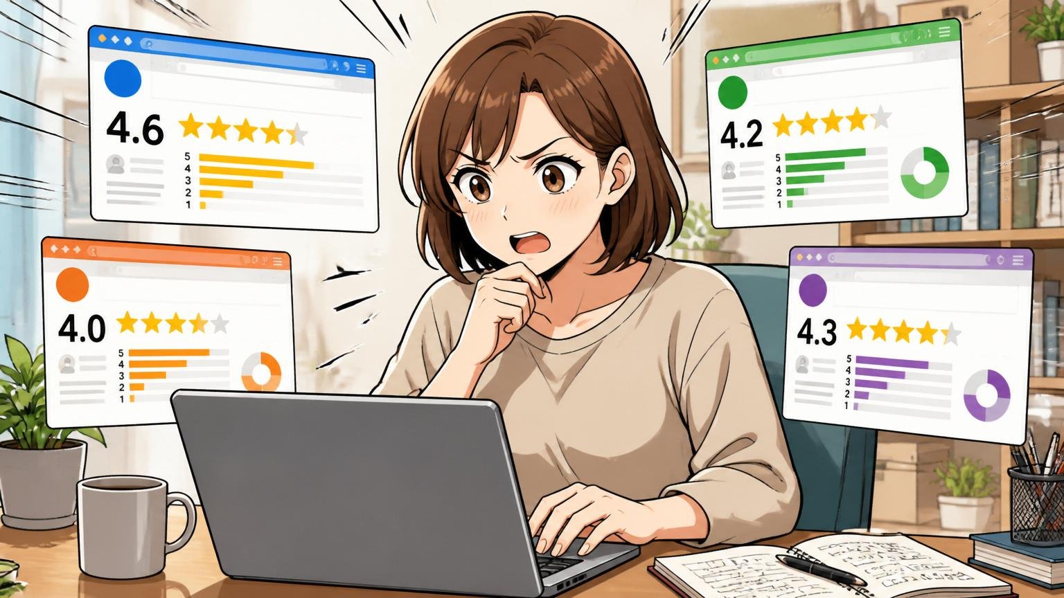 自宅のデスクで複数の口コミサイトをノートPCで開いてスコアを比較する30代女性エンジニア