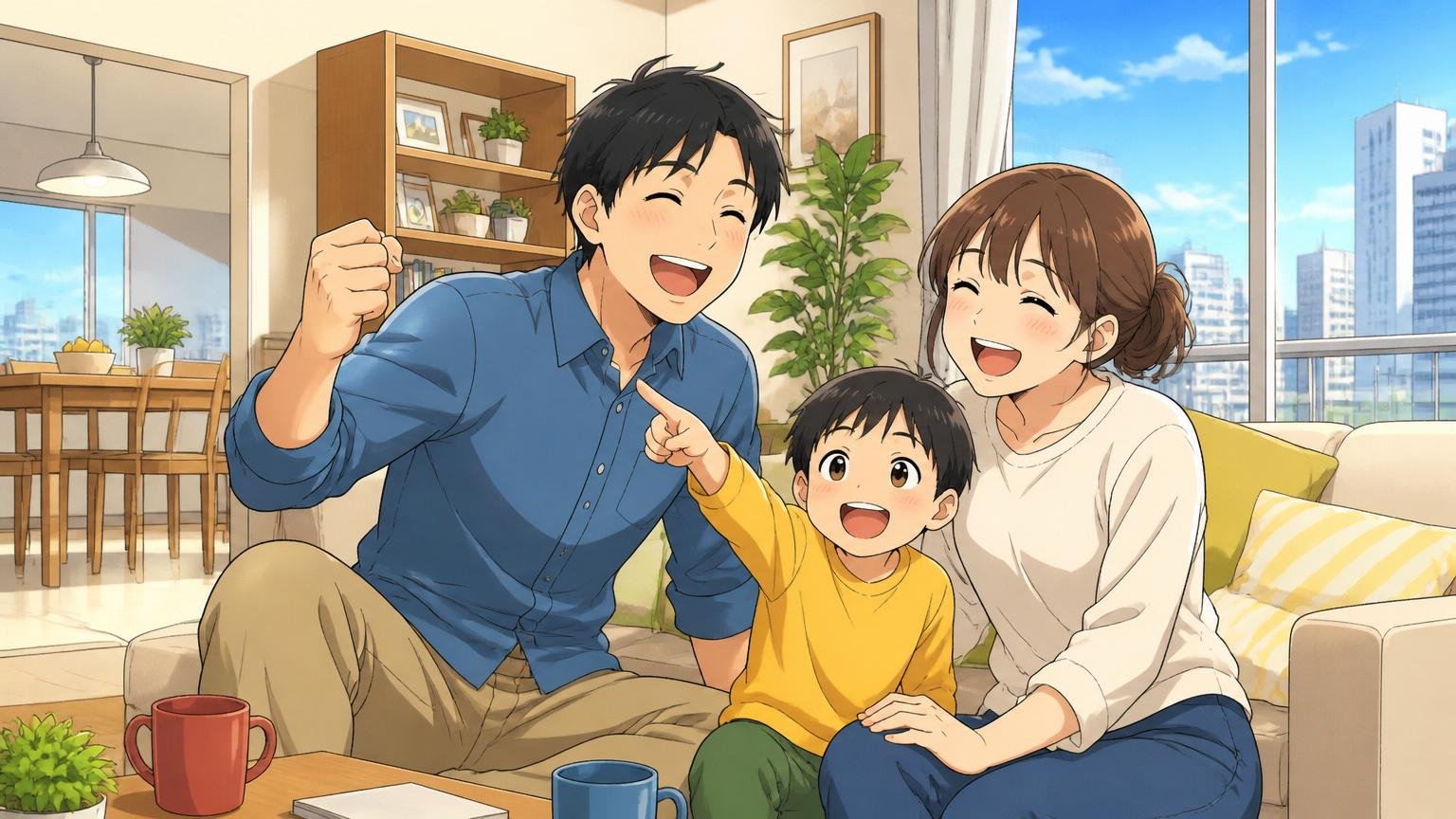 ポジティブな声 福利厚生と住宅補助とワークライフバランス 都内の借り上げ社宅マンションのリビングで家族と過ごす社員2人、安心した表情