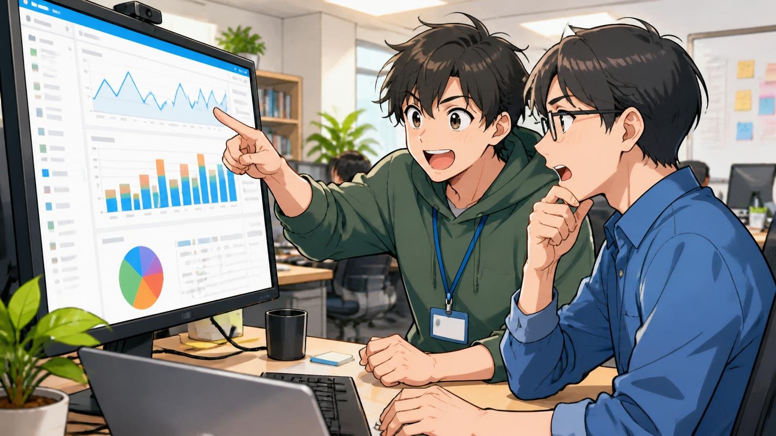 Web系企業のオフィスでスコアを分析する若手エンジニア2人がモニターを指して話し合う場面