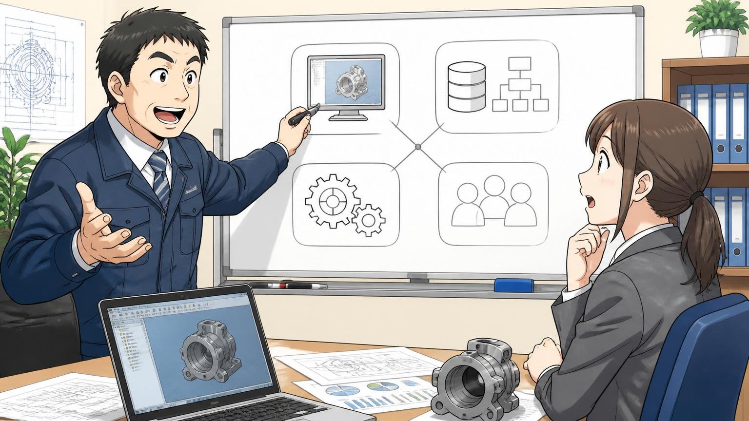 CAD・PLMの仕組みを解説するメンター、企業の会議室、男性1人女性1人、ホワイトボードに事業の4本柱を書き出す説明的な表情