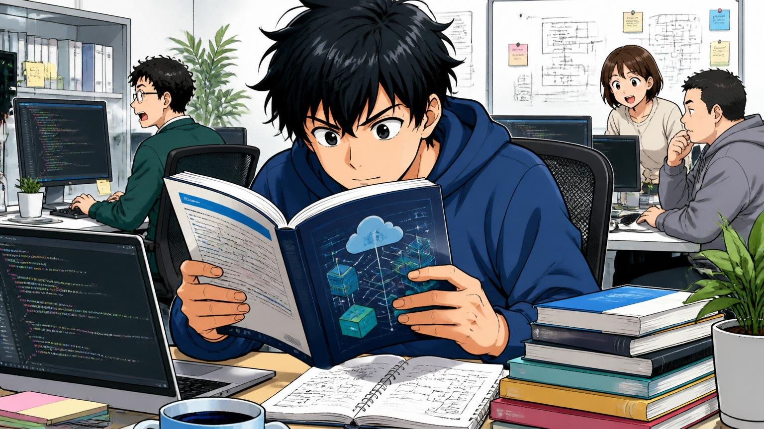 Web系企業のオフィスで20代エンジニアが新しい技術スタックの本を熱心に読んで学習する姿