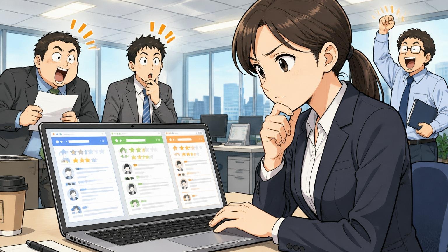 企業のフロアで3つの口コミサイトをノートPCに並べて比較するスーツ姿の女性