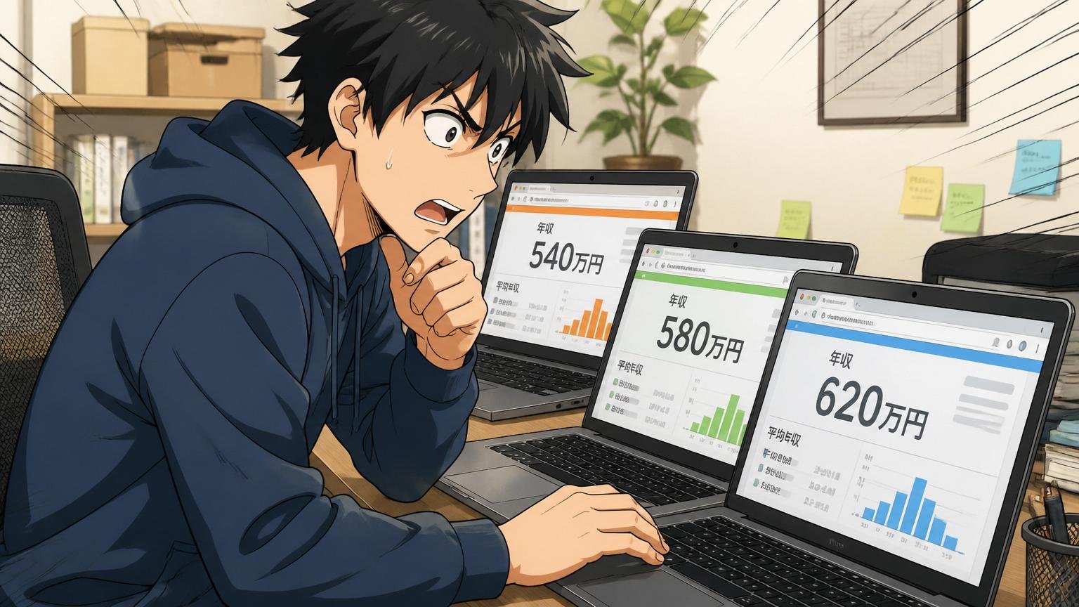 エンジニア向け転職口コミサイトを複数タブで開き年収数字を見比べる20代男性エンジニア1人