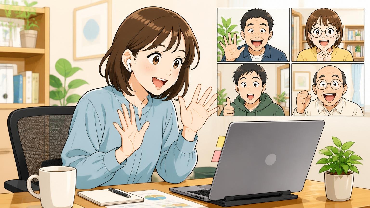 自宅のデスクで在宅勤務中の30代女性マーケターがリラックスしてミーティング中