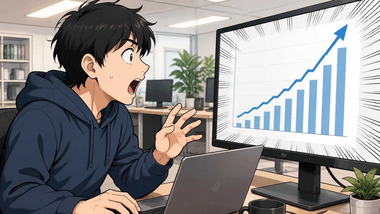 Web系企業のオフィスで男性エンジニア1人が年収推移のスライドを見て驚いた表情を見せている