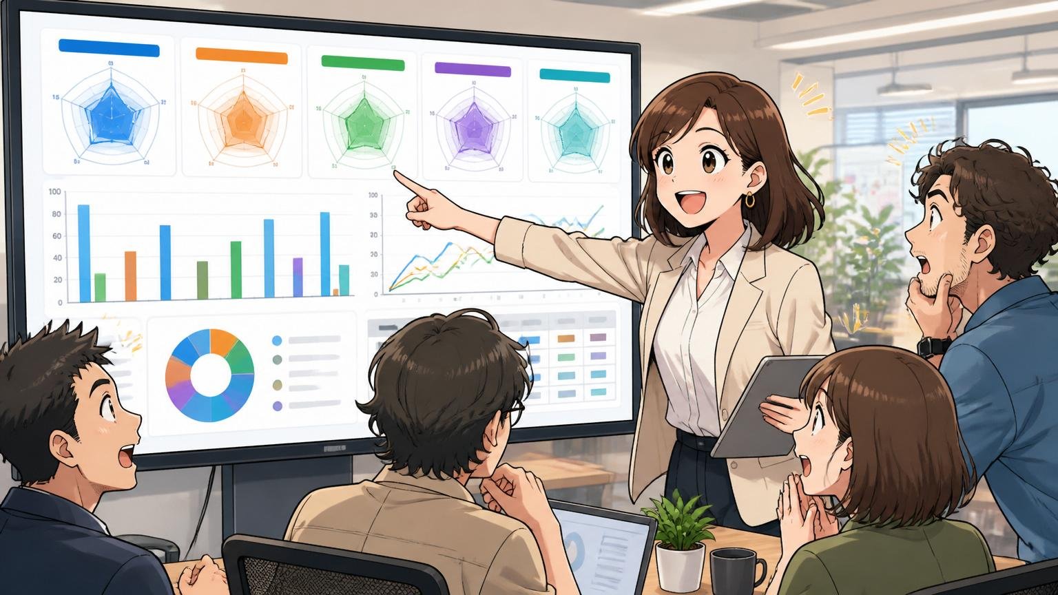 OpenWork5項目スコアが示す実態、Web系企業のオフィスで30代女性アナリストがダッシュボードを指差してスコア比較を解説する場面