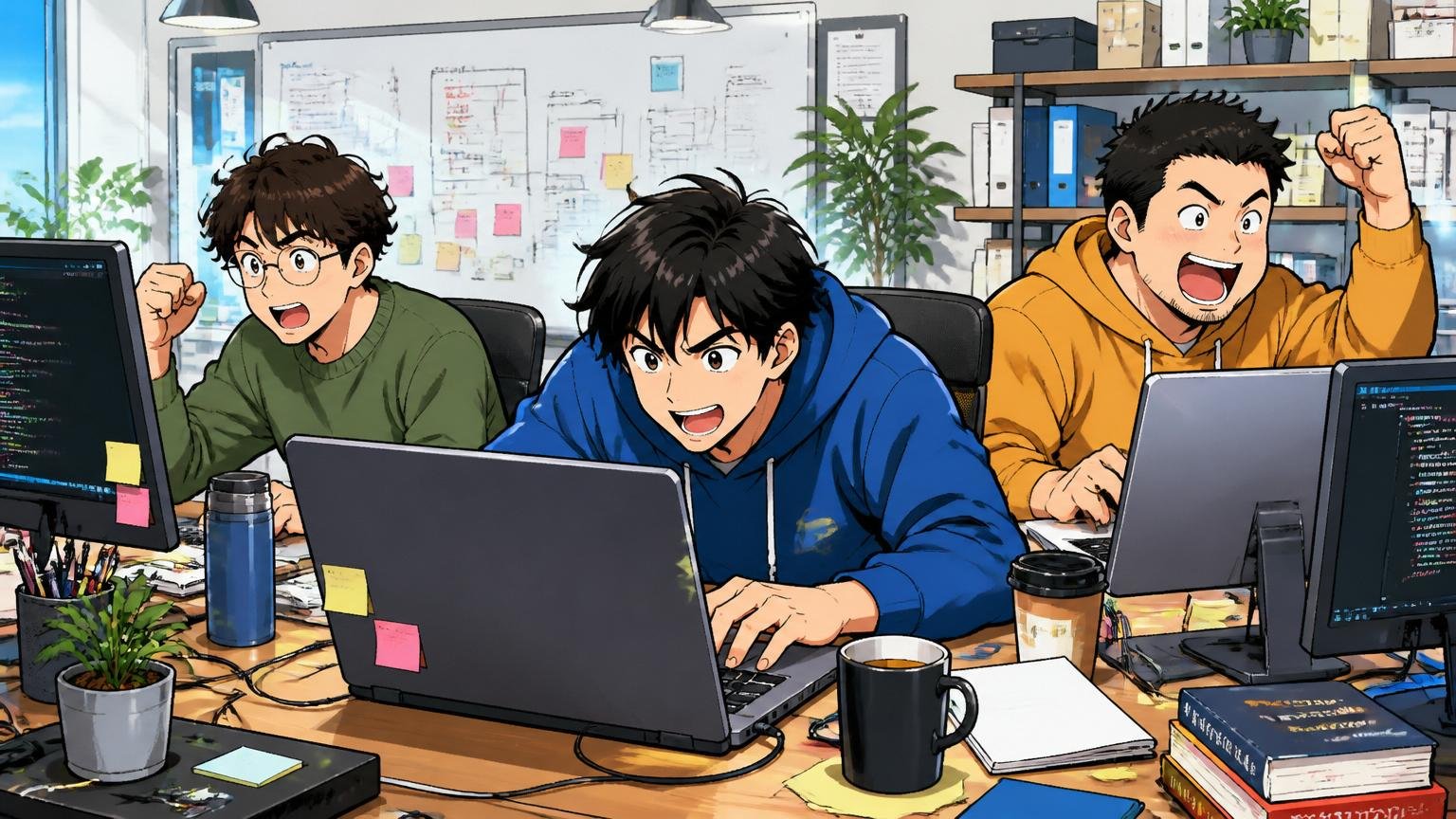 Web系スタートアップのオフィスで黙々とコードを書きながら成長を楽しむ若手エンジニア3人